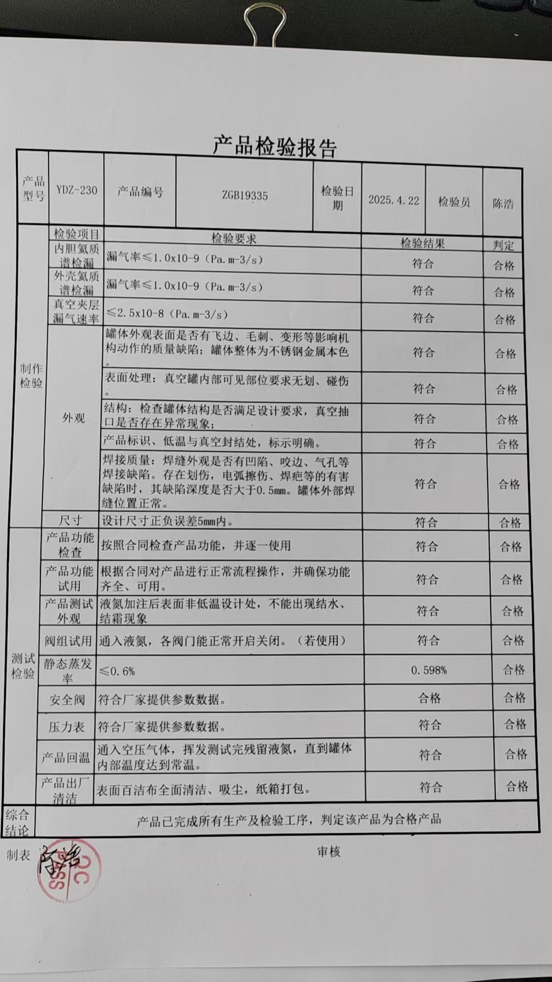 液氮罐質(zhì)檢表